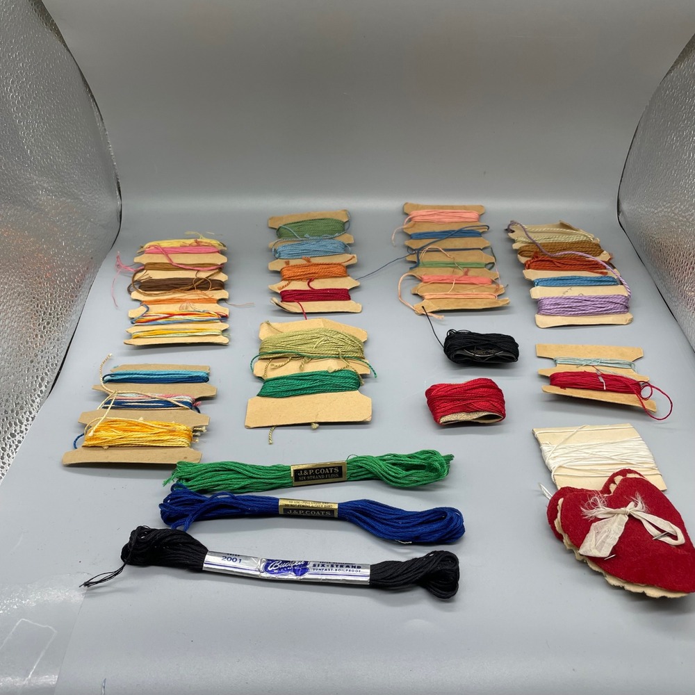 Vintage Embroidery Floss Lot J&P Coats Bucilla DMC Thread & Heart Needle holder